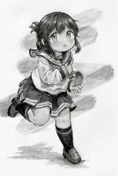 Rule 34 | 1girl, blush, commentary request, folded ponytail, full body, graphite (medium), greyscale, highres, inazuma (kancolle), irogawara naomitu, kantai collection, looking at viewer, monochrome, open mouth, school uniform, serafuku, short hair, skirt, solo, traditional media