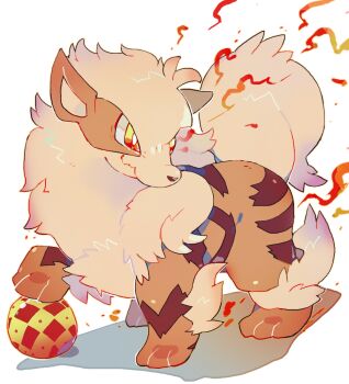 Rule 34 | akadako, animal focus, arcanine, bags under eyes, ball, bright pupils, closed mouth, fire, fluffy, full body, gen 1 pokemon, looking to the side, neck fur, nintendo, no humans, one-hour drawing challenge, orange eyes, pokemon, pokemon (creature), simple background, solo, standing, white background, white pupils