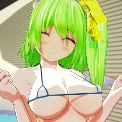1girl 3d animated areola_slip bare_shoulders bikini blush bouncing_breasts breasts daiyousei green_eyes green_hair indoors jiggle large_breasts looking_at_viewer medium_hair micro_bikini mofumoko5 navel pool smile solo standing swimsuit tagme touhou video
