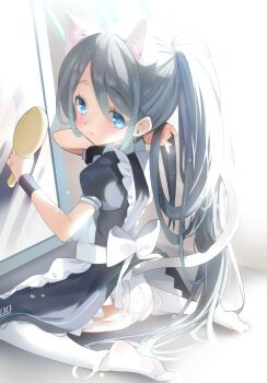 1girl absurdres animal_ear_fluff animal_ears apron aris_(blue_archive) aris_(maid)_(blue_archive) ass black_dress black_hair blue_archive blue_eyes blush cat_ears cat_tail clothes_lift dress dress_lift feet from_behind hair_brush highres loli long_hair looking_back maid mirror no_shoes panties piyon_(pyon_piiii) ponytail sitting soles solo tail thighhighs thighs toes underwear very_long_hair white_apron white_panties white_thighhighs