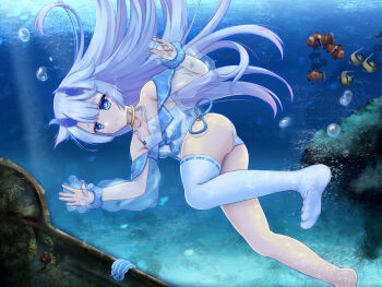 1girl air_bubble ass azur_lane bai_da bare_shoulders blue_eyes blue_hair blue_horns blue_sailor_collar breasts bubble closed_mouth clownfish fish highres horns i-13_(azur_lane) long_hair one-piece_swimsuit sailor_collar sakura_empire_(emblem) single_thighhigh small_breasts swimming swimsuit thighhighs underwater white_one-piece_swimsuit white_thighhighs