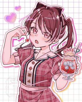 1girl blush bow buttons collarbone collared_shirt colored_shadow commentary cowboy_shot cropped_shirt cup drinking_glass drinking_straw drop_shadow food fruit grid_background hair_between_eyes hair_bow hair_intakes hands_up heart highres holding holding_cherry holding_cup ice ice_cream ice_cream_float ice_cube koharusame lone_nape_hair looking_at_viewer medium_hair midriff_peek open_mouth original outline plaid_clothes plaid_shirt plaid_skirt poco_grande_glass puffy_short_sleeves puffy_sleeves red_bow red_eyes red_hair red_shirt red_skirt sample_watermark shadow shirt short_sleeves skirt solo strawberry strawberry_slice swept_bangs twintails watermark white_background white_outline