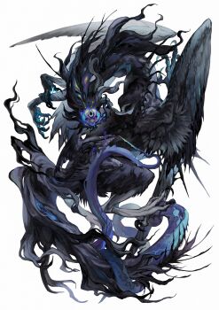 absurdres commentary creature creature_focus deepsea9013 eldritch_abomination english_commentary feathered_wings full_body highres on_branch original simple_background tail talons white_background wings