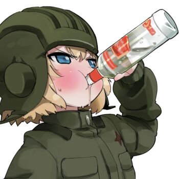 10s 1girl :t alcohol blonde_hair blue_eyes blush bottle child chugging drinking female_focus girls_und_panzer harepore helmet jacket katyusha_(girls_und_panzer) katyusha_chug_(meme) long_sleeves meme military military_jacket military_uniform overalls reference_work russia short_hair short_jumpsuit simple_background smirnoff_(vodka) solo sweatdrop tank_helmet underage_drinking vodka white_background