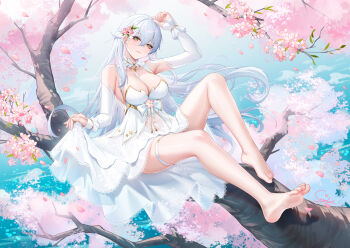 1girl arm_up artist_name bare_shoulders barefoot between_breasts blush branch breasts cherry_blossoms chinese_commentary cleavage closed_mouth commentary_request commission detached_sleeves dress dress_flower falling_petals feet flower full_body gold_trim hair_between_eyes hair_flowing_over head_tilt highres knee_up large_breasts legs long_hair looking_at_viewer on_tree original petals see-through_clothes see-through_dress sitting skirt_hold soles solo stardust_(chen&#039;ai_weiding) thigh_strap thighs toes tree very_long_hair water white_dress white_hair yellow_eyes