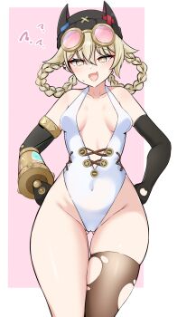 1girl ? black_gloves black_hat blonde_hair blush breasts center_opening detached_sleeves genshin_impact gloves gluteal_fold goggles goggles_on_head hair_rings hat highleg highleg_leotard highres jahoda_(genshin_impact) leotard looking_at_viewer mechanical_arms mikisarara no_bra open_mouth prosthesis prosthetic_arm solo spoken_question_mark star-shaped_pupils star_(symbol) symbol-shaped_pupils thighhighs thighs white_leotard yellow_eyes