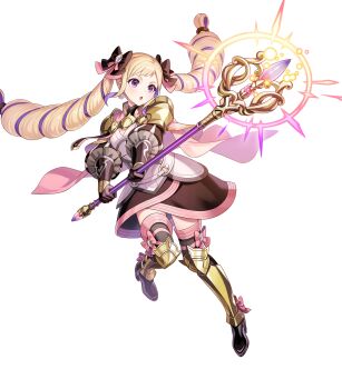 1girl armor armored_boots armored_dress attack black_boots black_dress black_gloves blonde_hair blush boots bow cape closed_mouth dress drill_hair elise_(fire_emblem) elise_(sincere_sister)_(fire_emblem) fire_emblem fire_emblem_fates fire_emblem_heroes full_body gloves hair_bow highres holding holding_staff long_hair looking_at_viewer mage_staff michi_(iawei) multicolored_hair nintendo non-web_source official_alternate_costume official_art parted_lips pink_cape purple_eyes purple_hair simple_background smile solo staff thigh_boots twin_drills twintails v-shaped_eyebrows