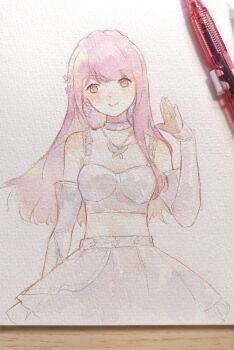 1girl absurdres bare_shoulders baronet bead_necklace beads bloom_up_(nikki) braid brown_eyes butterfly_hair_ornament butterfly_necklace chinese_commentary choker closed_mouth collarbone commentary_request cowboy_shot crop_top crown_braid detached_sleeves dot_nose eyelashes hair_ornament happy highres idol infinity_nikki jewelry light_blush long_hair long_sidelocks long_sleeves looking_at_viewer midriff miniskirt necklace nikki_(nikki) nikki_(series) painting_(medium) photo_(medium) pink_hair pleated_skirt sidelocks single_sidelock skirt skirt_set sleeves_past_wrists smile solo standing tank_top traditional_media very_long_hair watercolor_(medium) waving white_choker white_skirt white_sleeves white_tank_top