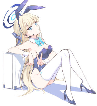 1girl animal_ears blonde_hair blue_archive blue_bow blue_bowtie blue_eyes blue_hair blue_leotard blue_shoes bow bowtie breasts briefcase cleavage closed_mouth commentary_request detached_collar fake_animal_ears halo headset high_heels highres leotard long_hair looking_at_viewer medium_breasts multicolored_hair nichaku playboy_bunny rabbit_ears shoes simple_background sitting solo strapless strapless_leotard streaked_hair thighhighs toki_(blue_archive) toki_(bunny)_(blue_archive) v very_long_hair white_background white_thighhighs wrist_cuffs