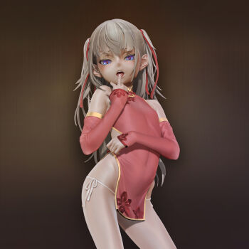 1girl 3d alice_(as109) as109 bad_id bad_pixiv_id bare_shoulders blonde_hair blue_eyes borrowed_character bow china_dress chinese_clothes city_no.109 covered_navel detached_sleeves dress female_focus finger_to_mouth flat_chest from_below hair_bow highres leslyzerosix lips loli long_hair open_mouth panties pink_bow side-tie_panties soles solo stuffed_animal stuffed_toy teddy_bear twintails underwear