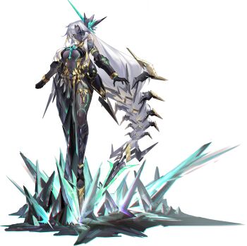 1girl anubis_(daiblos_core) black_dress breasts bright_pupils crystal daiblos_core dark-skinned_female dark_skin dress full_body gloves green_eyes high_heels highres large_breasts long_hair mechanical_arms navel non-web_source official_art scythe sprite very_long_hair white_hair