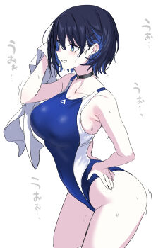 1girl absurdres bare_shoulders black_choker black_hair blue_eyes blue_hair blue_one-piece_swimsuit blush breasts choker collarbone grin highleg highleg_one-piece_swimsuit highres large_breasts mole mole_under_eye one-piece_swimsuit original short_hair smile solo swimsuit thighs towel two-tone_swimsuit ulrich_(tagaragakuin) umise_aoba_(ulrich) wet white_one-piece_swimsuit