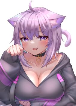1girl absurdres ahoge animal_ears bad_id bad_twitter_id black_choker black_jacket blush breasts cat_ears cat_tail choker cleavage collarbone deaver fang hand_up highres hololive jacket large_breasts long_sleeves looking_at_viewer nekomata_okayu nekomata_okayu_(1st_costume) open_mouth paw_pose purple_eyes purple_hair short_hair simple_background smile solo tail upper_body virtual_youtuber white_background