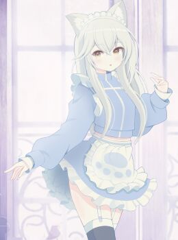 Rule 34 | 1girl, absurdres, animal ear fluff, animal ears, apron, black thighhighs, blue jacket, blue skirt, brown eyes, commentary request, commission, frilled apron, frilled skirt, frills, garter straps, grey hair, hair between eyes, hand up, highres, jacket, long hair, long sleeves, looking at viewer, midriff peek, mikoko1, original, parted lips, puffy long sleeves, puffy sleeves, skeb commission, skirt, sleeves past wrists, solo, thighhighs, very long hair, white apron