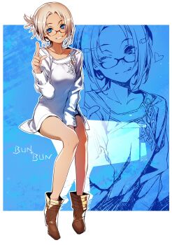 1girl bare_legs blonde_hair blue_eyes boots breasts brown_boots bunbun commentary_request dress full_body glasses heart highres invisible_chair medium_breasts one_eye_closed original pointing ponytail red-framed_eyewear short_dress short_ponytail signature sitting smile tan tongue tongue_out variant_set white_dress