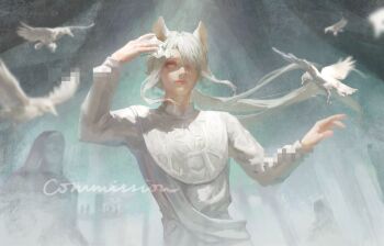 Rule 34 | 1girl, animal ears, bird, capelet, cat ears, censored, chinese commentary, collared capelet, commentary request, commission, cross, curtains, dove, eyelashes, fake censor, floating hair, hair over one eye, half mask, highres, holding, holding mask, indoors, lipstick, long hair, long sleeves, looking at viewer, low ponytail, makeup, mask, mosaic censoring, original, pink lips, ponytail, realistic, sash, shashadow, shirt, solo focus, upper body, very long hair, white capelet, white mask, white sash, white shirt, yellow eyes