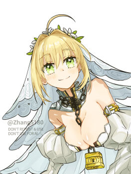 1girl bare_shoulders blonde_hair blush breasts bridal_gauntlets bridal_veil chain chain_between_breasts cleavage detached_sleeves fate/grand_order fate_(series) flower_wreath green_eyes hair_between_eyes hair_intakes head_wreath highres large_breasts lock nero_claudius_(bride)_(fate) nero_claudius_(bride)_(second_ascension)_(fate) nero_claudius_(fate) padlock padlocked_collar puffy_detached_sleeves puffy_sleeves simple_background solo twitter_username veil white_bridal_gauntlets zhang5180