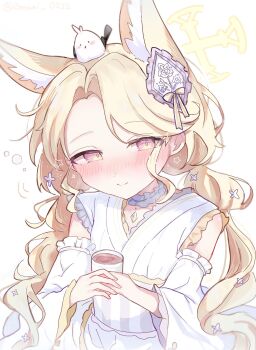 1girl animal animal_ear_fluff animal_ears animal_on_head bird blonde_hair blue_archive blush closed_mouth commentary cross_halo cup detached_sleeves dress ear_wreath forehead fox_ears fox_girl fox_tail frills halo highres holding holding_cup long-tailed_tit long_hair long_sleeves low_twintails nose_blush official_alternate_costume on_head seia_(blue_archive) seia_(new_year)_(blue_archive) simple_background smile solo tail tipsy tit_(bird) twintails very_long_hair white_background yellow_halo zenmai_0522