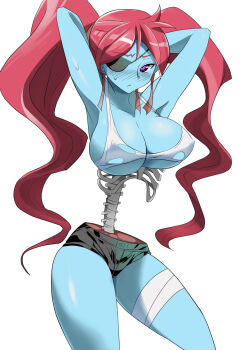 1girl :< armpits arms_behind_head bandages blue_skin blush bone breasts cleavage colored_skin covered_erect_nipples embarrassed eyepatch female_focus frown large_breasts long_hair monster_girl no_bra original parted_bangs purple_eyes red_eyes red_hair sharekoube short_shorts shorts sideboob simple_background solo standing sweat tank_top thighs torn_clothes twintails underboob very_long_hair zombie zoni-ko