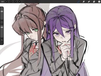 2girls art_program_in_frame blazer breasts brown_hair brown_sweater closed_mouth collared_shirt commentary doki_doki_literature_club doki_doki_literature_club_school_uniform dress_shirt ge10 green_eyes grey_jacket hair_intakes hair_ornament hairclip hashtag-only_commentary jacket long_hair long_sidelocks long_sleeves looking_at_viewer medium_breasts monika_(doki_doki_literature_club) multiple_girls neck_ribbon parted_lips ponytail procreate_(medium) purple_eyes purple_hair red_ribbon ribbon school_uniform shirt sidelocks simple_background smile sweater very_long_hair white_background white_shirt yuri_(doki_doki_literature_club)