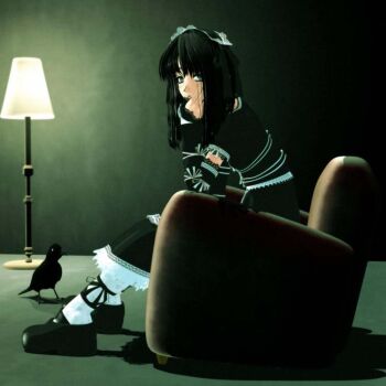 1girl 3d bird black_bird black_hair chair ekkusu_kyuuzu female_focus goth_fashion gothic_lolita indoors lamp lolita_fashion original pantyhose shadow sitting solo white_pantyhose