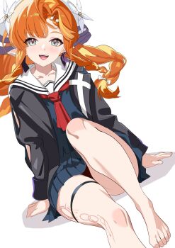 1girl aqua_eyes arm_cutout barefoot black_jacket black_panties black_shirt body_markings chisa_(wuthering_waves) chisa_(wuthering_waves)_(cosplay) clothing_cutout commentary_request cosplay feet highres jacket knee_up long_sleeves looking_at_viewer neckerchief open_mouth orange_hair panties pantyshot pointy_ears red_neckerchief sailor_collar shirt sidelocks sigrika_(wuthering_waves) simple_background sitting smile solo thigh_strap toes uduki_saboten underwear white_background white_sailor_collar wuthering_waves