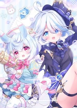 2girls absurdres ahoge animal_ears black_gloves blue_bow blue_dress blue_eyes blue_gemstone blue_hair blue_hat blue_jacket blue_pupils blush bow bowtie chiika_(cure_cherish) commentary_request cute_weapon dated dress drop-shaped_pupils furina_(genshin_impact) gem genshin_impact gloves gun hair_between_eyes hair_ornament hat heterochromia highres holding holding_gun holding_weapon hydro_symbol_(genshin_impact) jacket light_blue_hair long_sleeves looking_at_viewer multicolored_hair multiple_girls nurse_cap open_mouth ouji_fashion outstretched_arm pom_pom_(clothes) pom_pom_hair_ornament red_bow red_bowtie sigewinne_(genshin_impact) signature streaked_hair symbol-shaped_pupils thigh_strap thighhighs vision_(genshin_impact) weapon white_gloves white_hair white_thighhighs
