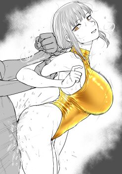 1boy 1girl absurdres alternate_breast_size_(larger) bare_shoulders braid braided_ponytail breasts chainsaw_man clothed_female_nude_male commentary_request competition_swimsuit grabbing_another's_hair hetero highres holding_another's_hair huge_breasts kaiman_garupan large_breasts makima_(chainsaw_man) nude one-piece_swimsuit open_mouth ringed_eyes sex sex_from_behind sidelocks simple_background solo_focus spot_color standing standing_sex sweat swimsuit wet white_background yellow_eyes