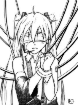 1girl bdsm blindfold bondage bound bound_arms cable detached_sleeves female_focus greyscale hatsune_miku headset kit kit_(studio) long_hair monochrome sketch solo unbuttoned vocaloid