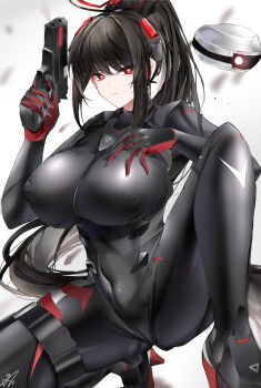 Rule 34 | 1girl, absurdres, black bodysuit, black hair, black halo, blue archive, bodysuit, breasts, bright pupils, buckle, closed mouth, commentary request, covered erect nipples, covered navel, drone, egokoro sai, gun, hair between eyes, hair ornament, halo, handgun, highres, holding, holding gun, holding weapon, holster, impossible bodysuit, impossible clothes, large breasts, latex, latex bodysuit, long hair, looking at viewer, m1911, multicolored halo, official alternate costume, official alternate hairstyle, on one knee, ponytail, red eyes, ringed eyes, rio (armed) (blue archive), rio (blue archive), sidelocks, signature, simple background, skin tight, skindentation, snap-fit buckle, solo, thigh holster, two-tone halo, variant set, very long hair, weapon, white background, white pupils