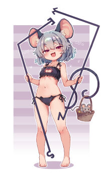 1girl animal_ears bare_arms bare_legs barefoot basket black_bra black_panties blush bra breasts cat_cutout cat_ear_panties cat_lingerie cleavage_cutout clothing_cutout frilled_bra frills full_body grey_hair highres holding holding_with_tail kolshica loli looking_at_viewer mouse_(animal) mouse_ears mouse_girl mouse_tail navel nazrin open_mouth panties prehensile_tail red_eyes short_hair side-tie_panties small_breasts solo standing tail touhou underwear underwear_only