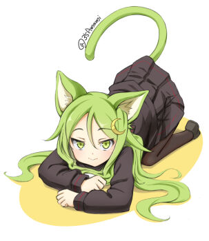 1girl all_fours animal_ears black_pantyhose black_serafuku black_shirt black_skirt cat_ears cat_tail commentary_request crescent crescent_hair_ornament green_eyes green_hair hair_ornament highres kantai_collection nagatsuki_(kancolle) pantyhose school_uniform serafuku shirt simple_background skirt smile solo tail tetsuryuu white_background