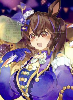 1girl animal_ears balloon blush bow breasts brown_hair cane dress ear_covers gloves hair_between_eyes heart_balloon highres hishi_akebono_(magic_night_garland)_(umamusume) hishi_akebono_(umamusume) holding holding_cane horse_ears horse_girl large_breasts long_hair looking_at_viewer multicolored_hair open_mouth pink_eyes ponytail purple_dress purple_gloves purple_hair red_eyes single_ear_cover sirius_ica smile solo streaked_hair umamusume upper_body