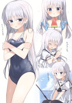 1girl :o absurdres armpit_crease ascot bare_arms bare_shoulders black_ascot black_one-piece_swimsuit black_pantyhose blue_eyes blunt_ends blush breasts closed_eyes closed_mouth collarbone commentary covering_breasts covering_privates cowboy_shot crossed_arms embarrassed emphasis_lines finger_gun fishing fishing_rod food frown hair_behind_ear hair_between_eyes hair_ornament hair_over_shoulder hairclip hand_up highres holding holding_fishing_rod holding_food holding_popsicle index_finger_raised jitome long_hair looking_at_viewer medium_breasts miniskirt multiple_views naruse_shiroha nose_blush official_alternate_costume one-piece_swimsuit open_mouth pantyhose parallel_hairclips popsicle puffy_short_sleeves puffy_sleeves sailor_collar school_swimsuit school_uniform serafuku shirt short_sleeves sidelocks simple_background sitting skirt sparkle sparkling_eyes straight_hair summer_pockets summer_pockets_school_uniform swimsuit takepoison thighs translation_request upper_body v-shaped_eyebrows very_long_hair watermelon_bar wet white_background white_hair white_sailor_collar white_serafuku white_shirt white_skirt