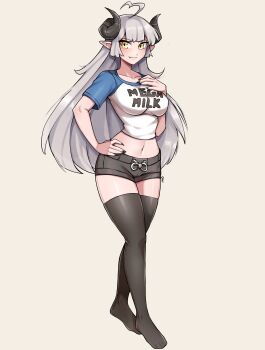 1girl ahoge black_nails black_shorts black_thighhighs breasts closed_mouth clothes_writing collarbone commentary commission demon_girl demon_horns english_commentary fang fang_out fingernails full_body grey_background grey_hair hand_on_own_chest highres horns large_breasts long_hair looking_at_viewer mega_milk midriff navel no_shoes oninuer original pointy_ears shirt short_hair short_shorts short_sleeves shorts simple_background smile solo t-shirt thighhighs thighs white_shirt yellow_eyes