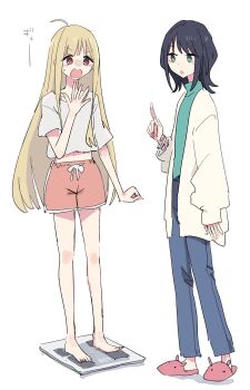 Rule 34 | 2girls, barefoot, blonde hair, blue pants, bracelet, cho kaguya-hime!, commentary request, full body, green eyes, green sweater, grey shirt, highres, index finger raised, jewelry, kaguya (cho kaguya-hime!), lab coat, long hair, long sleeves, looking at another, medium hair, midriff, mole, mole under eye, multiple girls, open mouth, orange shorts, pants, pink slippers, red eyes, sakayori iroha, shiroshi (denpa eshidan), shirt, shorts, slippers, standing, surprised, sweater, turtleneck, turtleneck sweater, v-shaped eyebrows, weighing scale, weight conscious, white background