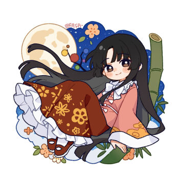 Rule 34 | 1girl, artist name, black hair, blush, bow, bowtie, branch, brown eyes, chinese commentary, closed mouth, commentary request, fafa, frilled skirt, frills, full body, full moon, highres, houraisan kaguya, jeweled branch of hourai, long hair, long skirt, long sleeves, looking at viewer, moon, night, pink shirt, red shoes, red skirt, shirt, shoes, skirt, sky, smile, solo, star (sky), touhou, very long hair, white bow, white bowtie, wide sleeves