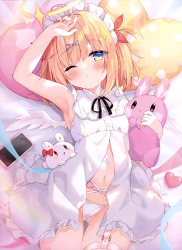 Rule 34 | 1girl, absurdres, ahoge, angel, angel wings, arm up, armpits, babydoll, black ribbon, blonde hair, blue eyes, blush, breasts, cowboy shot, dengeki moeoh, garter belt, gluteal fold, hair ornament, halo, headdress, heart, heart-shaped pillow, highres, holding, holding stuffed toy, lens flare, looking at viewer, lying, magazine scan, multicolored eyes, navel, neck ribbon, on back, one eye closed, original, panties, parted lips, pillow, ribbon, scan, shiny skin, short hair, sidelocks, small breasts, solo, stuffed animal, stuffed rabbit, stuffed toy, thigh gap, third-party source, twitter username, two-tone eyes, umeko machi, underwear, white babydoll, white panties, white wings, wings, yellow eyes, yellow halo