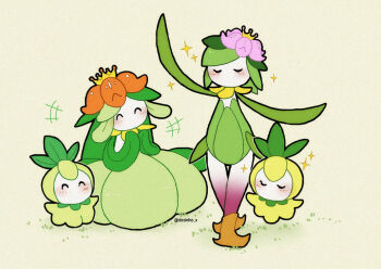 blush clapping closed_eyes closed_mouth crown desinho evolutionary_line flower full_body gen_5_pokemon green_background green_hair hisuian_lilligant lilligant nintendo petilil pokemon pokemon_(creature) simple_background twitter_username