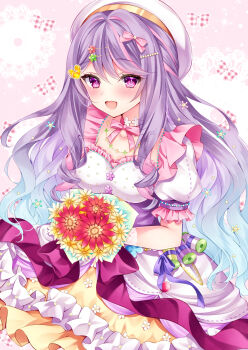 Rule 34 | 1girl, :d, beret, blush, bouquet, bow, commission, dress, flower, frilled dress, frills, green flower, hair bow, hair flower, hair intakes, hair ornament, hairclip, hat, heart, heart hair ornament, looking at viewer, multicolored hair, nogi takayoshi, open mouth, original, pink bow, pink hair, puffy short sleeves, puffy sleeves, purple eyes, purple hair, red flower, short sleeves, skeb commission, smile, solo, streaked hair, white dress, white flower, white hat