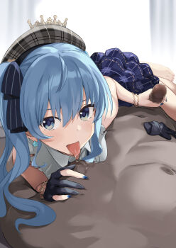1boy arou_(arrow_x666) beret blue_eyes blue_hair blue_shirt bracelet earrings handjob hat highres hololive hoshimachi_suisei jewelry licking licking_nipple looking_at_viewer nipple_stimulation pleated_skirt reverse_nursing_handjob shirt skirt tongue tongue_out virtual_youtuber