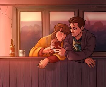 2boys alcohol anthony_stellar black_hair blush bottle brown_hair cardigan cigarette closed_eyes couple cup dmitry_bratsky hetero highres holding holding_cigarette jacket jewelry male_focus multiple_boys my_student_spirit open_cardigan open_clothes shirt short_hair smoking sovaspilas sweater undercut window yaoi