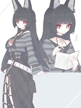 1girl ? absurdres alternate_costume animal_ear_fluff animal_ears black_hair black_skirt blue_shirt blunt_bangs closed_mouth collar collarbone commentary fox_ears fox_girl high-waist_skirt highres holding holding_map hoshimi_miyabi long_hair long_skirt looking_at_viewer map multiple_views open_mouth red_eyes shirt skirt striped_clothes striped_shirt sweatdrop symbol-only_commentary translation_request twitter_username white_background zenless_zone_zero zzzii0