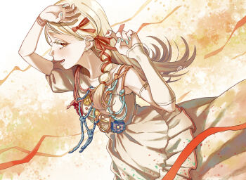 1girl arm_up asymmetrical_sleeves blonde_hair blue_flower bracelet braid brown_dress collarbone colored_eyelashes commentary_request corsage cowboy_shot dress earrings fingernails flipped_hair flower from_side gakuen_idolmaster gradient_hair green_nails grey_hair hair_ribbon hand_on_own_head highres idolmaster jewelry long_hair looking_at_viewer looking_to_the_side multicolored_hair nail_polish open_mouth profile red_flower red_nails red_ribbon ribbon ribbon_braid rope rumoi_(dekoponamai7) shinosawa_hiro single_braid single_sleeve solo stud_earrings sunfaded_(idolmaster) twitter_username yellow_flower