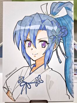 1girl blue_hair bob_cut closed_mouth commentary_request curtained_hair double-parted_bangs hair_between_eyes hair_ornament kazanari_tsubasa long_hair looking_at_viewer painting_(medium) photo_(medium) ponytail purple_eyes senki_zesshou_symphogear simple_background smile solo tomosoraaki traditional_media twitter_username white_background
