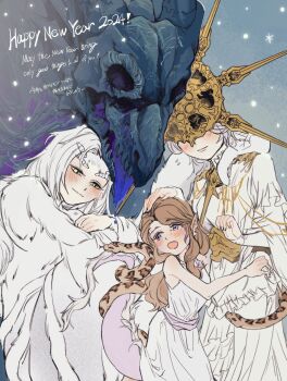 Rule 34 | 1boy, 2024, 2girls, absurdres, aged down, animal, bare arms, bare shoulders, blush, company captain yorshka, crossdressing, dark souls (series), dark souls i, dark sun gwyndolin, dragon, dragon tail, dress, english text, grey background, grey hair, happy, happy new year, highres, long hair, long sleeves, multiple girls, new year, priscilla the crossbreed, short hair, smile, snake, tail, white dress, white hair, zunkome