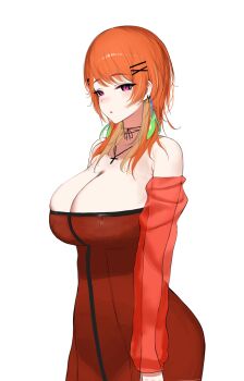 1girl alternate_costume armpit_crease bare_shoulders black_choker black_ribbon blush breasts choker cleavage commentary cowboy_shot cross cross_necklace detached_sleeves dress earrings hair_ornament hashtag-only_commentary highres hololive hololive_english huge_breasts jewelry long_sleeves looking_at_viewer medium_hair mulhubs necklace orange_hair parted_lips purple_eyes red_dress ribbon ribbon_choker simple_background solo strapless strapless_dress swept_bangs takanashi_kiara virtual_youtuber white_background x_hair_ornament