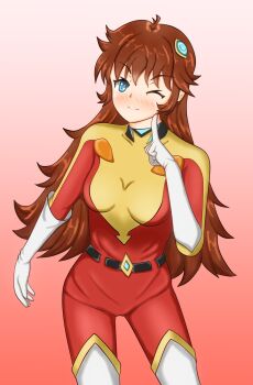 blue_eyes bodysuit boots breasts brown_hair finger_on_cheek gloves grendizer_u highres long_hair maria_grace_fleed mazinger_(series) medium_breasts one_eye_closed thigh_boots ufo_robo_grendizer wink
