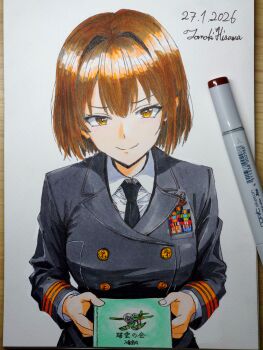 1girl aircraft airplane alternate_costume art_tools_in_frame artist_name black_jacket black_necktie brown_eyes brown_hair buttons collared_shirt commentary_request dated double-breasted e16a_zuiun highres hisama_tomoki hyuuga_(kancolle) jacket japan_maritime_self-defense_force japan_self-defense_force kantai_collection long_sleeves looking_at_viewer marker_(medium) military military_dress_uniform military_rank_insignia military_uniform naval_dress_uniform naval_uniform necktie one-hour_drawing_challenge photo_(medium) ribbon_bar seaplane shirt short_hair simple_background smile solo traditional_media upper_body white_background white_shirt