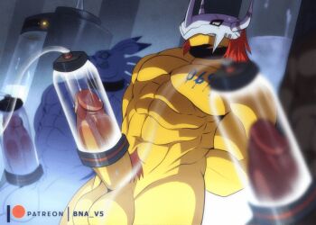 3boys animated animated_gif arms_behind_back breathing colored_skin cum_milking digimon digimon_(creature) girthy_penis large_penis multiple_boys muscular muscular_male penis penis_pump pubic_hair source_request test_subject test_tube wargreymon weregarurumon yellow_skin